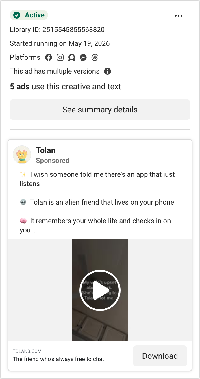 Tolan ad — running 29 days