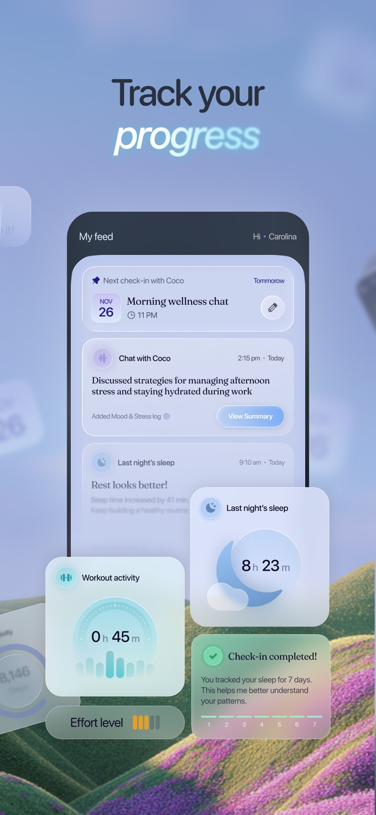 Daily feed — check-ins, chat summaries, 7-day streak