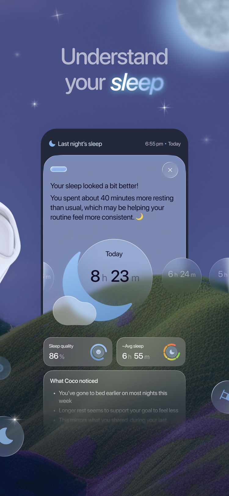 Sleep detail — 8h 23m, 86% quality, what Coco noticed