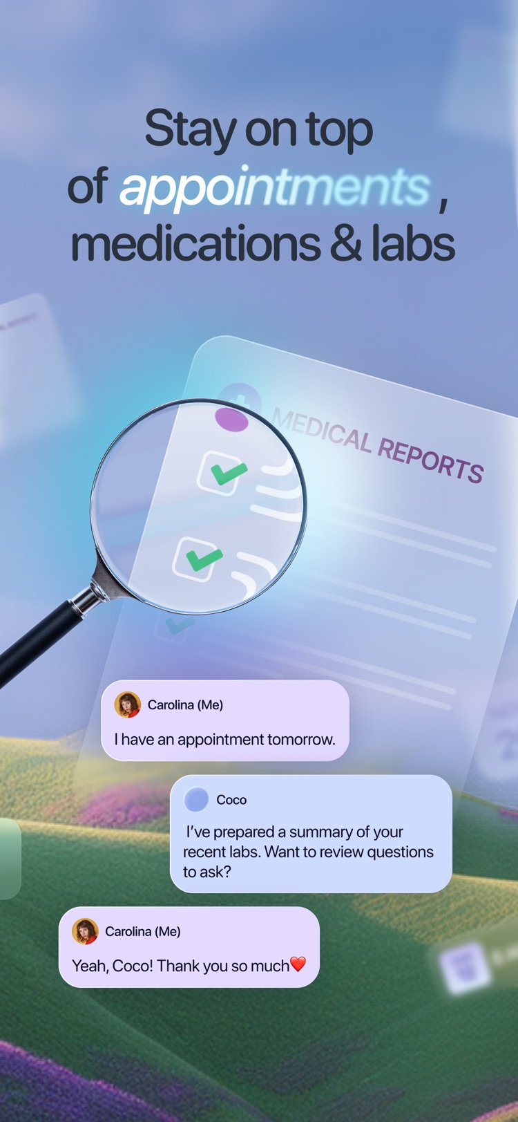 Coco prepares a lab summary and questions to ask before an appointment