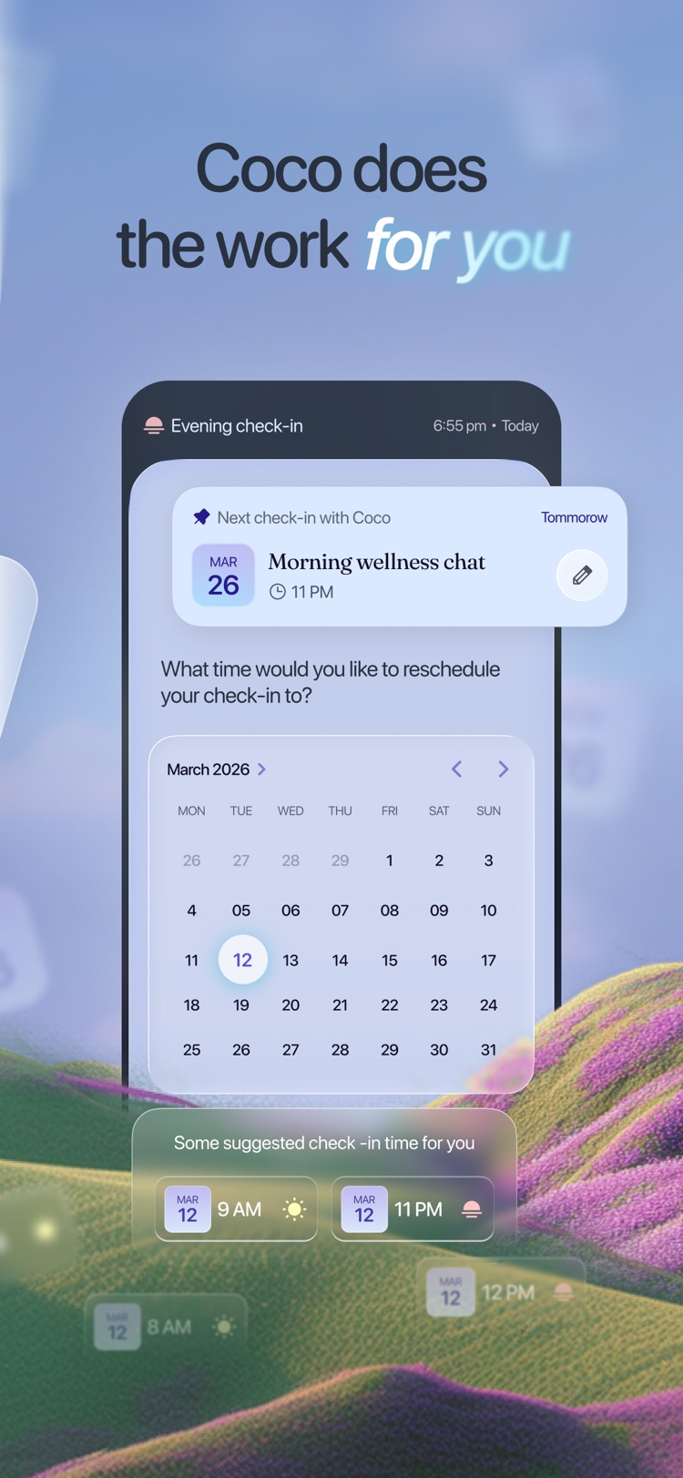 Coco reschedules a check-in with suggested times