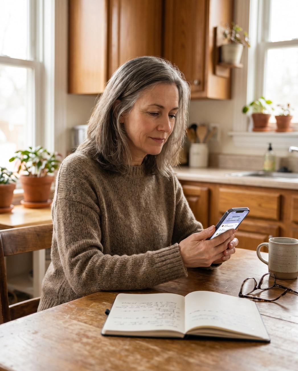 Older woman at a kitchen table reviewing Coco before a doctor's appointment