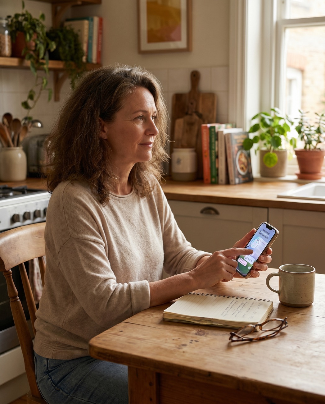 Woman at a kitchen table with her phone, looking up, alternate take