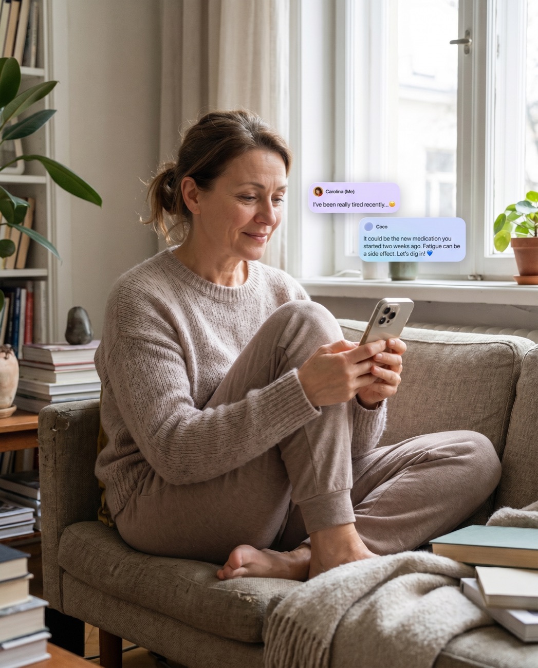 Woman on a couch reading a Coco chat on her phone