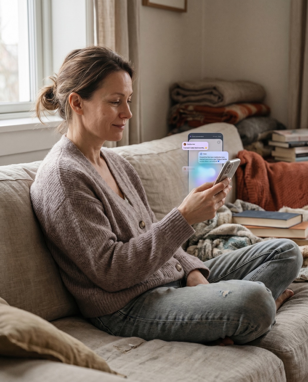 Woman on a couch with Coco chat on her phone, alternate take