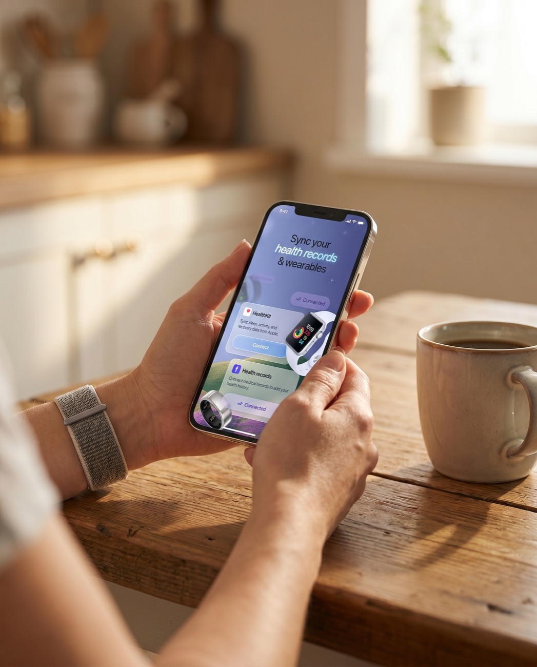 Hands holding a phone showing Coco's Apple Health sync screen, Apple Watch on wrist